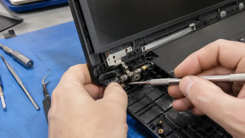 Soporte plástico de bisagra de notebook quebrado y desprendido de la carcasa