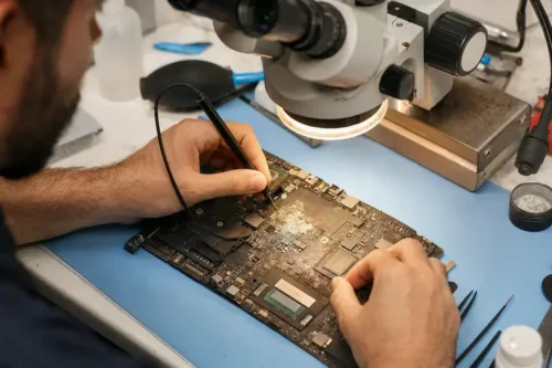 Técnico examinando corrosión en la placa de un notebook mojado