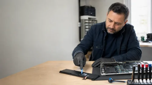 Técnico revisando la batería interna de un notebook