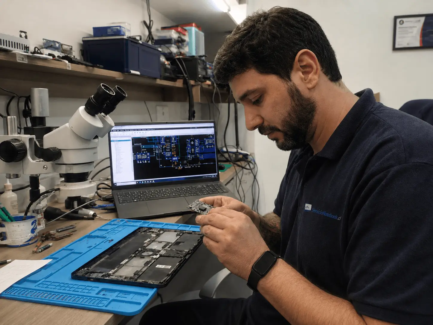 Técnico diagnosticando una placa de notebook con instrumentos de medición
